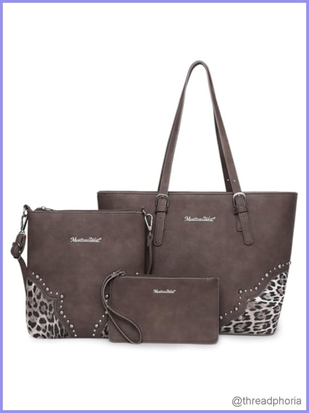 Faux Leather Leopard Print 3 Piece Tote Handbag Set with Crossbody Purse and